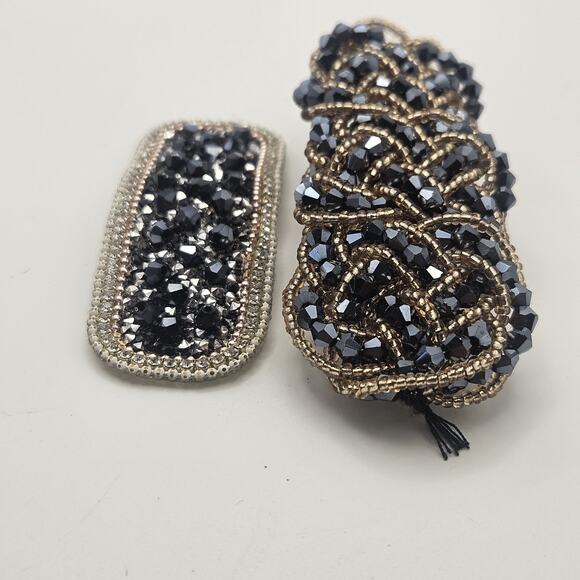 Vintage Gold-tone Barrette Set Woven Black Faceted Beads Hair Clips Glam Bridal main image 10